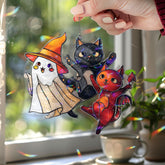 Halloween Cat Ghost Acrylic Suncatcher, Stained Glass Style Cute Ghost with Witch Hat, Black Cat and Red Devil Cat Window Hanging Décor Gift