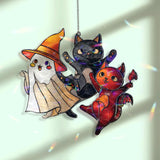 Halloween Cat Ghost Acrylic Suncatcher, Stained Glass Style Cute Ghost with Witch Hat, Black Cat and Red Devil Cat Window Hanging Décor Gift