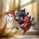 Halloween Cat Ghost Acrylic Suncatcher, Stained Glass Style Cute Ghost with Witch Hat, Black Cat and Red Devil Cat Window Hanging Décor Gift