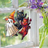 Halloween Cat Ghost Acrylic Suncatcher, Stained Glass Style Cute Ghost with Witch Hat, Black Cat and Red Devil Cat Window Hanging Décor Gift