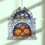 Pumpkin Skull Fireplace Acrylic Suncatcher, Stained Glass Style Jack O’Lanterns with Skulls Window Hanging, Gothic Halloween Home Décor Gift