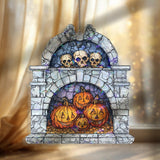 Pumpkin Skull Fireplace Acrylic Suncatcher, Stained Glass Style Jack O’Lanterns with Skulls Window Hanging, Gothic Halloween Home Décor Gift