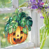 Pumpkin Monstera Acrylic Suncatcher, Stained Glass Style Jack O’Lantern with Green Leaves Window Hanging