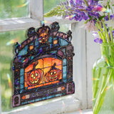 Pumpkin Fireplace Acrylic Suncatcher, Stained Glass Style Jack O’Lanterns in Gothic Fireplace Window Hanging