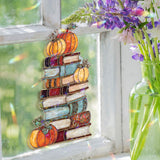 Pumpkin Books Acrylic Suncatcher, Stained Glass Style Stack of Books with Autumn Pumpkins Window Hanging, Fall Reader Home Décor Gift