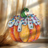 Pumpkin Acrylic Suncatcher, Stained Glass Style Orange Pumpkin with White Frosting and Colorful Sprinkles Window Hanging, Fall Holiday Décor