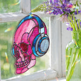 Skull Headphones Acrylic Suncatcher, Stained Glass Style Pink Skull with Blue Headset Window Hanging, Gothic Music Lover Home Décor Gift