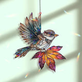 Bird Acrylic Suncatcher, Stained Glass Style Sparrow with Autumn Maple Leaf Window Hanging, Nature Inspired Fall Home Décor Gift