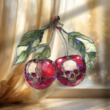 Cherry Skull Acrylic Suncatcher, Stained Glass Style Red Cherries with Gothic Skulls Window Hanging, Dark Alternative Home Décor Gift