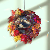 Raccoon Acrylic Suncatcher, Stained Glass Style Autumn Leaves Wreath with Cute Raccoon Window Hanging, Woodland Animal Fall Home Décor Gift