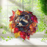 Raccoon Acrylic Suncatcher, Stained Glass Style Autumn Leaves Wreath with Cute Raccoon Window Hanging, Woodland Animal Fall Home Décor Gift