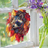 Raccoon Acrylic Suncatcher, Stained Glass Style Autumn Leaves Wreath with Cute Raccoon Window Hanging, Woodland Animal Fall Home Décor Gift