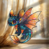 Dragon Acrylic Suncatcher, Stained Glass Style Cute Blue and Orange Baby Dragon with Fiery Wings Window Hanging, Fantasy Home Décor Gift