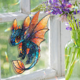 Dragon Acrylic Suncatcher, Stained Glass Style Cute Blue and Orange Baby Dragon with Fiery Wings Window Hanging, Fantasy Home Décor Gift