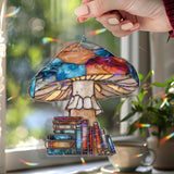 Mushroom and Books Acrylic Suncatcher, Stained Glass Style Colorful Toadstool with Stack of Books Window Hanging