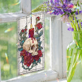 Skull and Candle Acrylic Suncatcher, Stained Glass Style Gothic Red Roses and Burning Candle Window Hanging, Dark Halloween Home Décor Gift