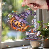 Halloween Teapot Acrylic Suncatcher, Stained Glass Style Jack O’Lantern with Witch Hat Pouring into Skull Cup, Spooky Window Hanging Décor