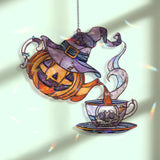 Halloween Teapot Acrylic Suncatcher, Stained Glass Style Jack O’Lantern with Witch Hat Pouring into Skull Cup, Spooky Window Hanging Décor