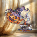 Halloween Teapot Acrylic Suncatcher, Stained Glass Style Jack O’Lantern with Witch Hat Pouring into Skull Cup, Spooky Window Hanging Décor