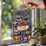 Halloween Jar Acrylic Suncatcher, Stained Glass Style Spooky Pumpkins and Skulls with 'Do Not Open'� Sign, Creepy Window Hanging Decorr Gift