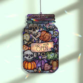 Halloween Jar Acrylic Suncatcher, Stained Glass Style Spooky Pumpkins and Skulls with 'Do Not Open'� Sign, Creepy Window Hanging Decorr Gift