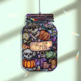 Halloween Jar Acrylic Suncatcher, Stained Glass Style Spooky Pumpkins and Skulls with 'Do Not Open'� Sign, Creepy Window Hanging Decorr Gift