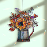 Sunflower Acrylic Suncatcher, Stained Glass Style Fall Floral Bouquet in Jug Window Hanging, Rustic Country Home Décor Gift for Autumn