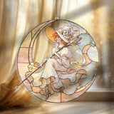 Moon Witch Acrylic Suncatcher, Stained Glass Style Elegant Lady on Crescent Moon Window Hanging, Fantasy Celestial Home Décor Gift