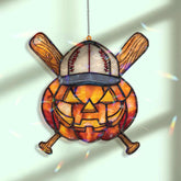 Halloween Baseball Pumpkin Acrylic Suncatcher, Stained Glass Style Jack O’Lantern with Bat Cap Window Hanging, Sporty Fall Home Décor Gift