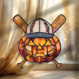 Halloween Baseball Pumpkin Acrylic Suncatcher, Stained Glass Style Jack O’Lantern with Bat Cap Window Hanging, Sporty Fall Home Décor Gift