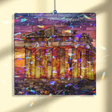 Parthenon Acrylic Suncatcher, Ancient Greek Temple Window Hanging with Sunset Colors, Travel Inspired Stained Glass Style Home Decor Gift