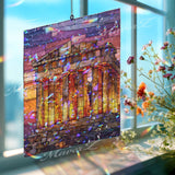 Parthenon Acrylic Suncatcher, Ancient Greek Temple Window Hanging with Sunset Colors, Travel Inspired Stained Glass Style Home Decor Gift