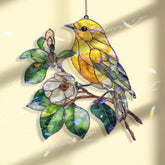 Yellow Bird Acrylic Suncatcher, Songbird on Branch with White Flower Window Hanging, Nature Inspired Stained Glass Style Home Decor Gift