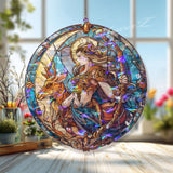 Goddess Acrylic Suncatcher, Round Mythical Woman with Bow and Deer Window Hanging, Fantasy Stained Glass Style Art Nouveau Home Decor Gift