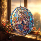 Goddess Acrylic Suncatcher, Round Mythical Woman with Bow and Deer Window Hanging, Fantasy Stained Glass Style Art Nouveau Home Decor Gift