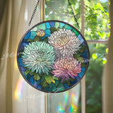 Chrysanthemum Stained Glass Suncatcher, Round Colorful Floral Window Panel with Blooming Flowers, Nature Inspired Home Decor Gift