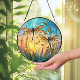 Dragonfly Stained Glass Suncatcher, Round Sunset Meadow Window Panel with Colorful Insects and Wildflowers, Nature Inspired Home Decor