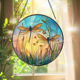 Dragonfly Stained Glass Suncatcher, Round Sunset Meadow Window Panel with Colorful Insects and Wildflowers, Nature Inspired Home Decor
