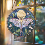 Luna Moth Stained Glass Suncatcher, Round Moonlight Window Panel with White Flowers, Mystical Insect Nature Inspired Home Decor Gift
