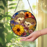 Hedgehog Stained Glass Suncatcher, Round Window Panel with Colorful Flowers and Cute Animals, Nature Inspired Garden Lover Home Decor Gift