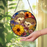 Hedgehog Stained Glass Suncatcher, Round Window Panel with Colorful Flowers and Cute Animals, Nature Inspired Garden Lover Home Decor Gift
