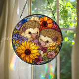 Hedgehog Stained Glass Suncatcher, Round Window Panel with Colorful Flowers and Cute Animals, Nature Inspired Garden Lover Home Decor Gift