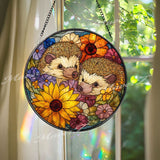 Hedgehog Stained Glass Suncatcher, Round Window Panel with Colorful Flowers and Cute Animals, Nature Inspired Garden Lover Home Decor Gift