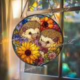 Hedgehog Stained Glass Suncatcher, Round Window Panel with Colorful Flowers and Cute Animals, Nature Inspired Garden Lover Home Decor Gift
