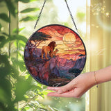 Lion Stained Glass Suncatcher, Round African Safari Sunset Window Panel with Lion and Cub, Wildlife Nature Inspired Home Decor Gift
