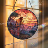 Lion Stained Glass Suncatcher, Round African Safari Sunset Window Panel with Lion and Cub, Wildlife Nature Inspired Home Decor Gift