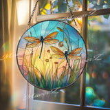 Dragonfly Stained Glass Suncatcher, Round Sunset Meadow Window Panel with Colorful Insects and Wildflowers, Nature Inspired Home Decor