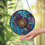 Sun and Moon Stained Glass Suncatcher, Round Zodiac Constellation Window Panel with Celestial Sky, Astrology Inspired Home Decor Gift