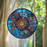 Sun and Moon Stained Glass Suncatcher, Round Zodiac Constellation Window Panel with Celestial Sky, Astrology Inspired Home Decor Gift