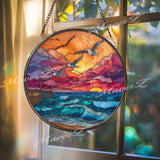 Seagull Stained Glass Suncatcher, Round Ocean Sunset Window Panel with Waves and Pier, Coastal Beach House Nautical Home Decor Gift